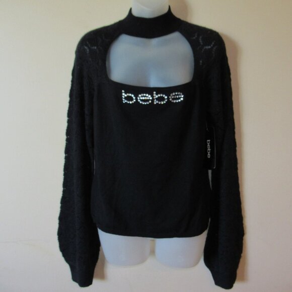 NWT Bebe Sweater Top Choker Cutout Embellished Rhinestone Logo Y2K sz Large - Picture 1 of 5